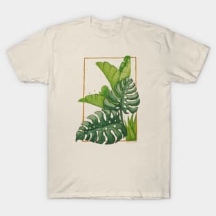 Handpainted Watercolour Monstera Banana Plant Leaves Floral Pattern T-Shirt